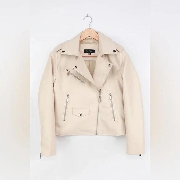 LULUS Out for the Night Beige Vegan Leather Moto Jacket - Picture 4 of 8
